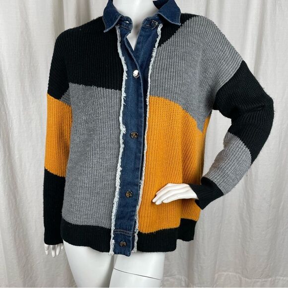 Gabby Isabella Knit Colorblock Denim Fringe Sweater Jacket Women’s Size Small - Picture 1 of 9